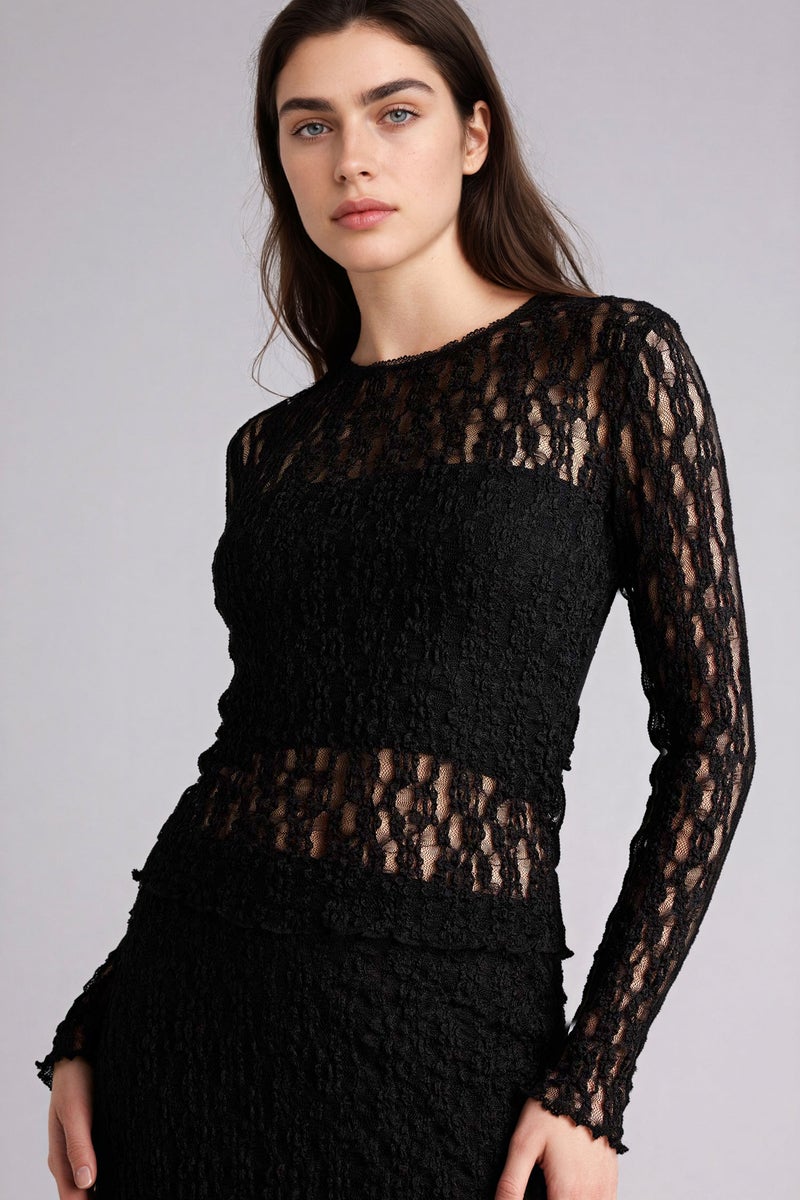 DeFacto Black Woman Fitted Crew Neck Lace Long Sleeve T-Shirt Casual - Image 1